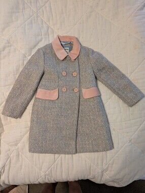 Mini Boden Girls' Pink Trim Herringbone Pea Coat Size 4-5.